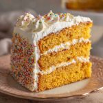 Cornbread cake topped with fluffy whipped honey buttercream frosting, baked golden brown and garnished with a drizzle of honey and fresh herbs for a rustic presentation.