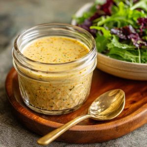 Parmesan vinaigrette salad dressing in a glass jar, creamy and bold with grated parmesan, olive oil, garlic, and herbs, served alongside a fresh green salad.