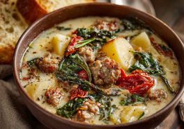 Tuscan sausage and potato soup served in a rustic bowl with creamy broth, tender potatoes, Italian sausage, kale, and herbs, garnished with parmesan and fresh parsley.