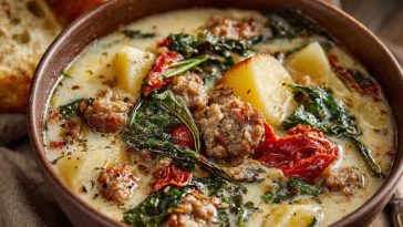 Tuscan sausage and potato soup served in a rustic bowl with creamy broth, tender potatoes, Italian sausage, kale, and herbs, garnished with parmesan and fresh parsley.