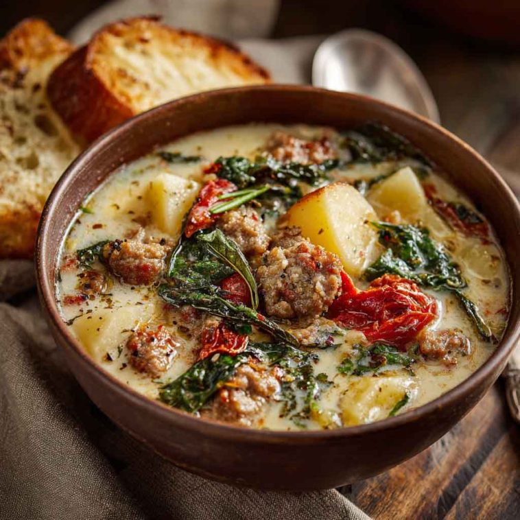 Tuscan sausage and potato soup served in a rustic bowl with creamy broth, tender potatoes, Italian sausage, kale, and herbs, garnished with parmesan and fresh parsley.