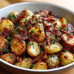 Crispy bacon honey roasted potatoes baked golden brown, drizzled with honey glaze, topped with crunchy bacon pieces, and garnished with fresh herbs on a serving platter.