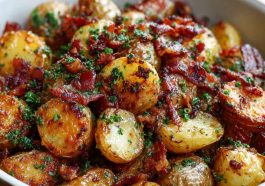 Crispy bacon honey roasted potatoes baked golden brown, drizzled with honey glaze, topped with crunchy bacon pieces, and garnished with fresh herbs on a serving platter.