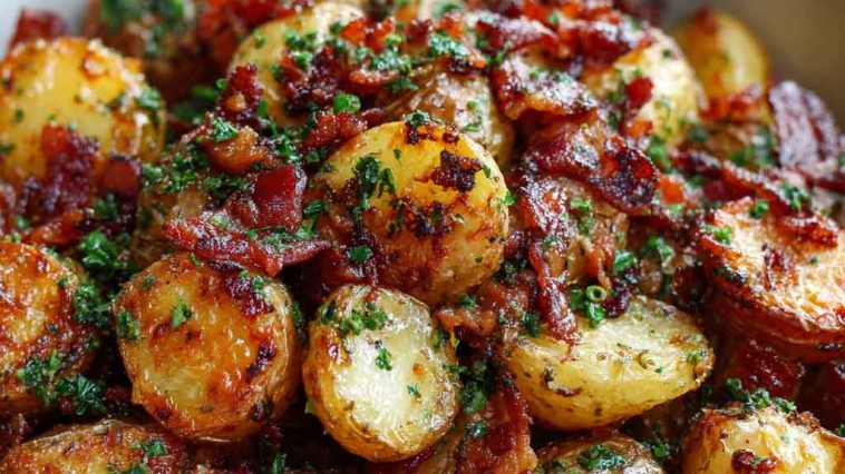 Crispy bacon honey roasted potatoes baked golden brown, drizzled with honey glaze, topped with crunchy bacon pieces, and garnished with fresh herbs on a serving platter.