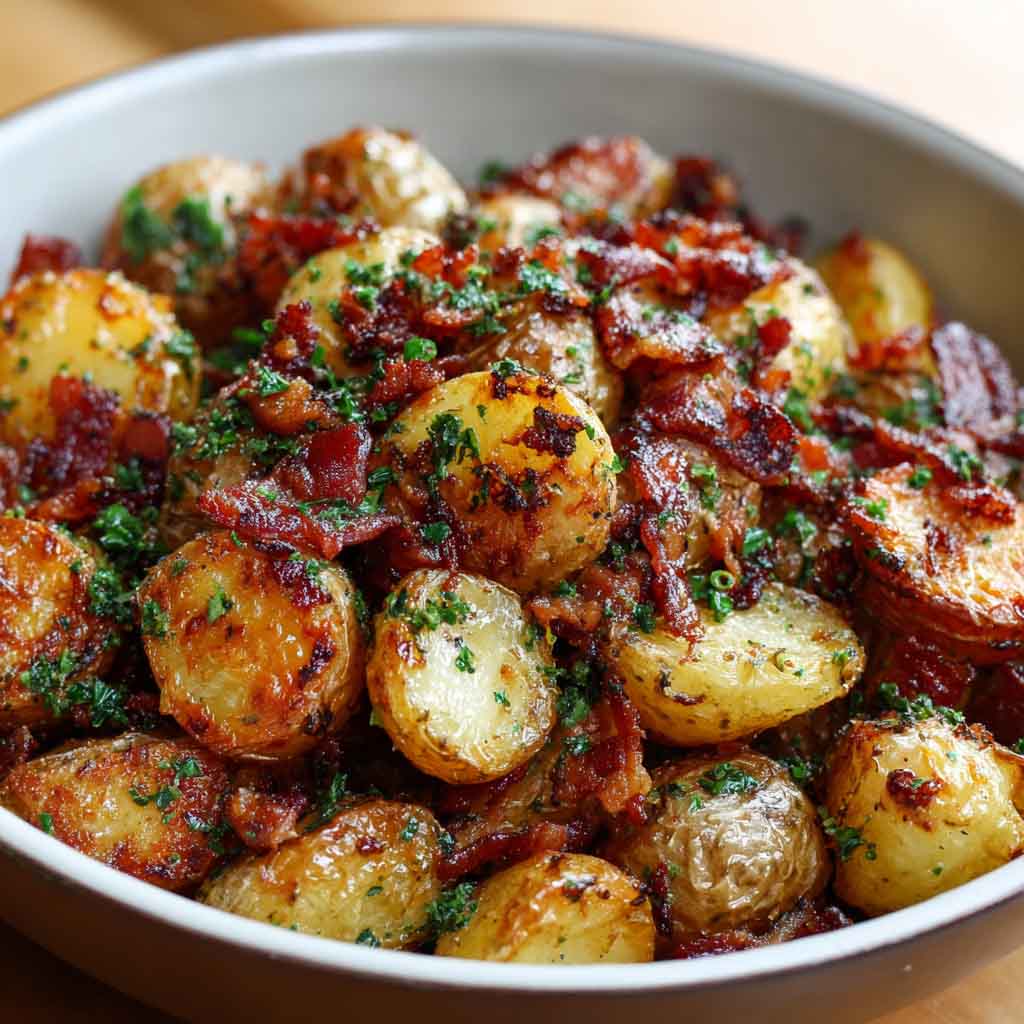 Crispy bacon honey roasted potatoes baked golden brown, drizzled with honey glaze, topped with crunchy bacon pieces, and garnished with fresh herbs on a serving platter.