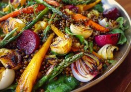 Spring salad with roasted veggies served in a bowl, featuring colorful roasted carrots, zucchini, bell peppers, cherry tomatoes, and fresh greens topped with a light vinaigrette.