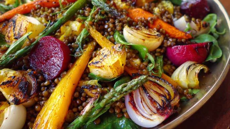 Spring salad with roasted veggies served in a bowl, featuring colorful roasted carrots, zucchini, bell peppers, cherry tomatoes, and fresh greens topped with a light vinaigrette.