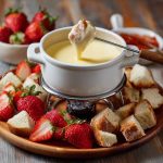 Assorted fondue recipes featuring melted cheese, chocolate, and broth fondues served with bread cubes, fruits, and vegetables on a festive table.