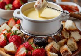 Assorted fondue recipes featuring melted cheese, chocolate, and broth fondues served with bread cubes, fruits, and vegetables on a festive table.