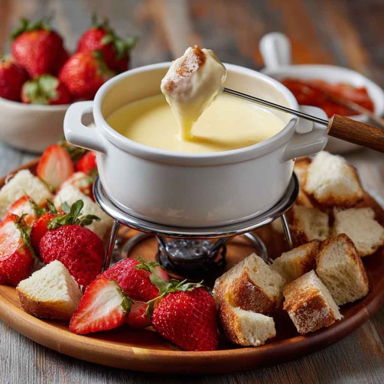 Assorted fondue recipes featuring melted cheese, chocolate, and broth fondues served with bread cubes, fruits, and vegetables on a festive table.