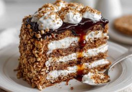 Oatmeal cream pie cake layered with moist oatmeal cake, fluffy cream filling, and topped with a drizzle of icing, served on a cake stand with rustic decor.