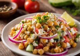Cottage cheese and chickpeas salad served in a bowl with fresh cucumbers, tomatoes, red onions, herbs, and a light dressing, garnished with parsley.