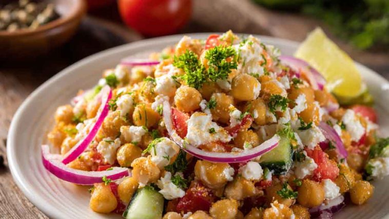 Cottage cheese and chickpeas salad served in a bowl with fresh cucumbers, tomatoes, red onions, herbs, and a light dressing, garnished with parsley.
