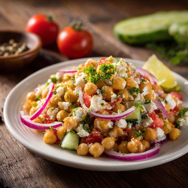 Cottage cheese and chickpeas salad served in a bowl with fresh cucumbers, tomatoes, red onions, herbs, and a light dressing, garnished with parsley.