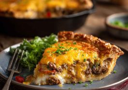 One-pan cheeseburger pie dinner baked golden brown in a skillet, layered with ground beef, cheese, and biscuit crust, garnished with fresh parsley.