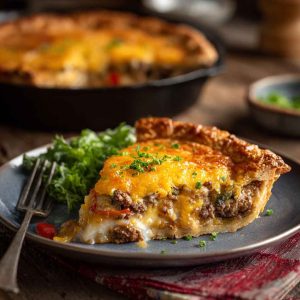 One-pan cheeseburger pie dinner baked golden brown in a skillet, layered with ground beef, cheese, and biscuit crust, garnished with fresh parsley.