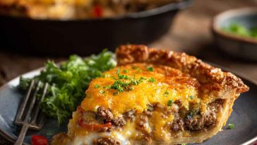 One-pan cheeseburger pie dinner baked golden brown in a skillet, layered with ground beef, cheese, and biscuit crust, garnished with fresh parsley.
