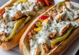 Ultimate chicken Philly cheese steaks served in toasted hoagie rolls, filled with juicy chicken, sautéed peppers, onions, and melted provolone cheese.