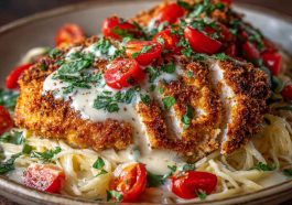 Cheesecake Factory crusted chicken Romano copycat served on a plate, featuring golden Parmesan-crusted chicken breast with pasta and marinara sauce.