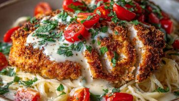 Cheesecake Factory crusted chicken Romano copycat served on a plate, featuring golden Parmesan-crusted chicken breast with pasta and marinara sauce.