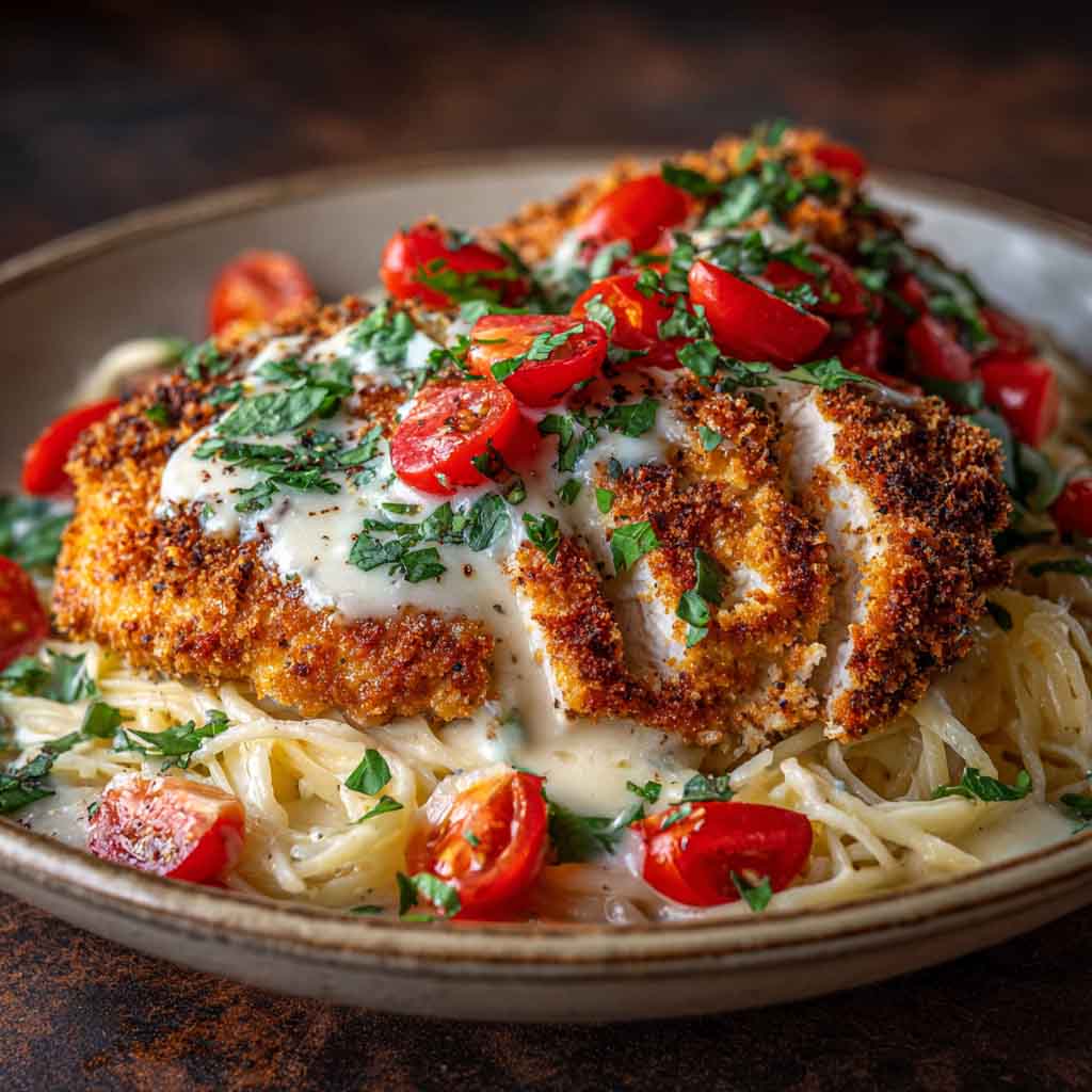 Cheesecake Factory crusted chicken Romano copycat served on a plate, featuring golden Parmesan-crusted chicken breast with pasta and marinara sauce.