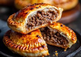 Golden meat pie, flaky crust, delicious