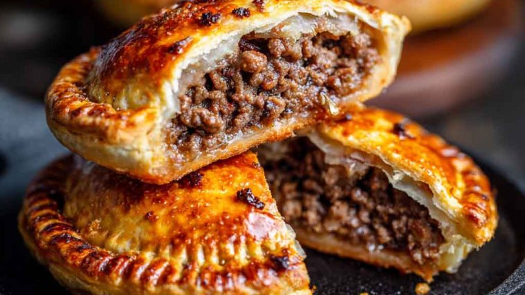 Golden meat pie, flaky crust, delicious
