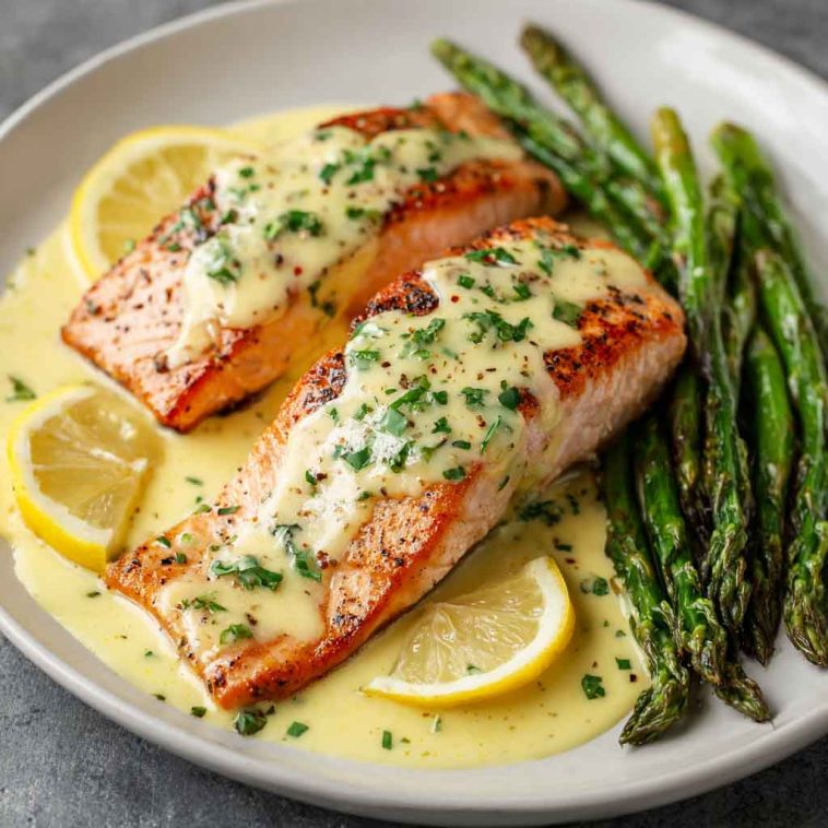 Baked salmon fillet topped with creamy lemon butter sauce, garnished with fresh parsley and lemon slices, served with roasted vegetables.