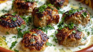 Chicken kofta skewers served with creamy garlic yogurt sauce, garnished with fresh herbs and paired with pita bread and salad for a Mediterranean-inspired meal.