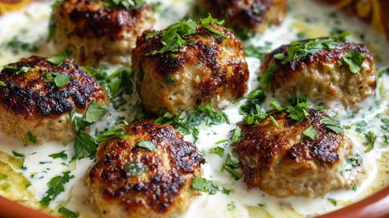 Chicken kofta skewers served with creamy garlic yogurt sauce, garnished with fresh herbs and paired with pita bread and salad for a Mediterranean-inspired meal.