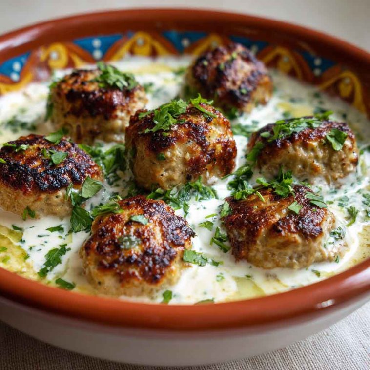 Chicken kofta skewers served with creamy garlic yogurt sauce, garnished with fresh herbs and paired with pita bread and salad for a Mediterranean-inspired meal.