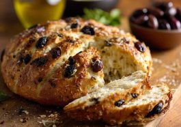 Olive cheese bread baked golden brown, topped with melted cheese, sliced olives, and fresh herbs, served on a cutting board in thick slices.