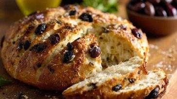 Olive cheese bread baked golden brown, topped with melted cheese, sliced olives, and fresh herbs, served on a cutting board in thick slices.
