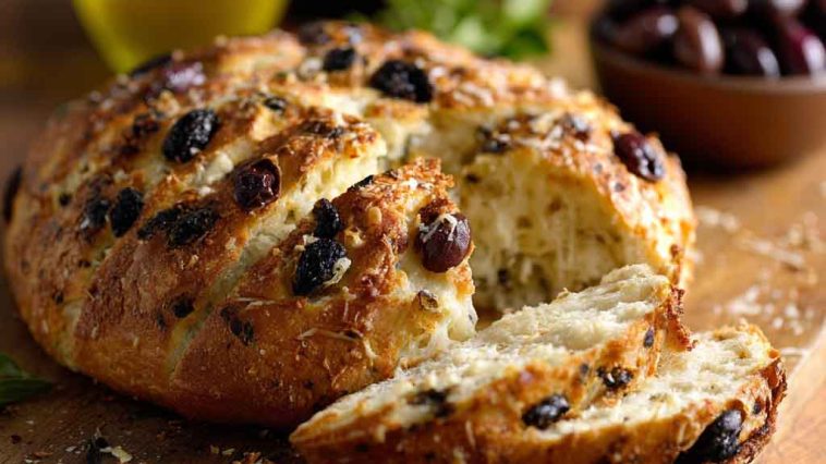 Olive cheese bread baked golden brown, topped with melted cheese, sliced olives, and fresh herbs, served on a cutting board in thick slices.