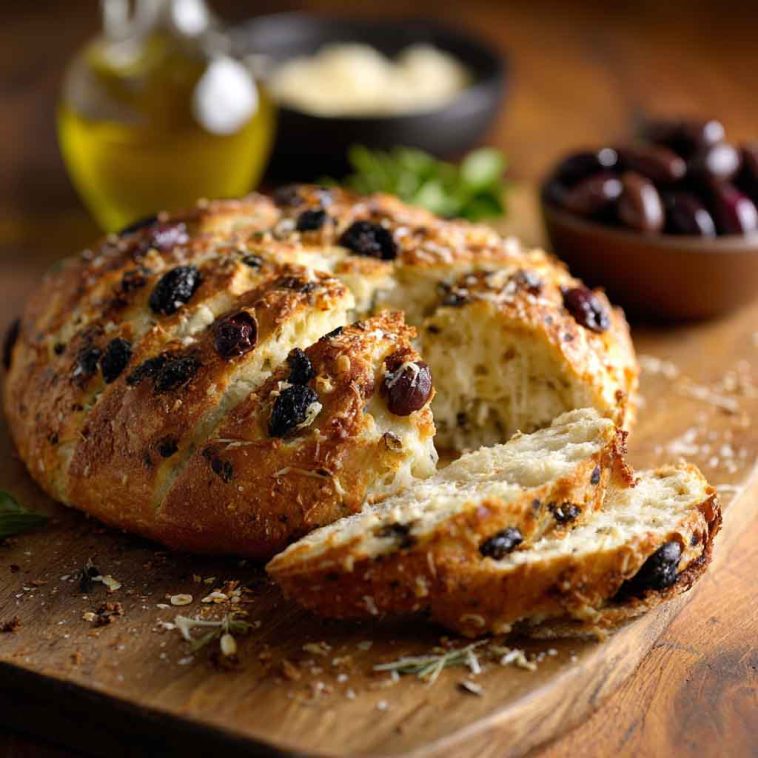 Olive cheese bread baked golden brown, topped with melted cheese, sliced olives, and fresh herbs, served on a cutting board in thick slices.