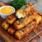 Golden brown potato cheese sticks served on a platter, crispy on the outside with melted cheese inside, paired with dipping sauces like marinara and ranch.