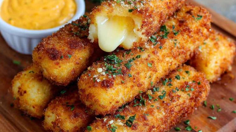Golden brown potato cheese sticks served on a platter, crispy on the outside with melted cheese inside, paired with dipping sauces like marinara and ranch.