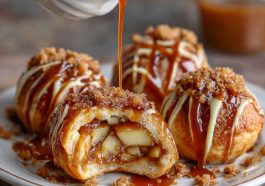 Simple caramel apple pie bombs baked golden brown, filled with gooey caramel, spiced apples, and flaky pastry, served warm with a drizzle of caramel sauce.