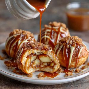 Simple caramel apple pie bombs baked golden brown, filled with gooey caramel, spiced apples, and flaky pastry, served warm with a drizzle of caramel sauce.