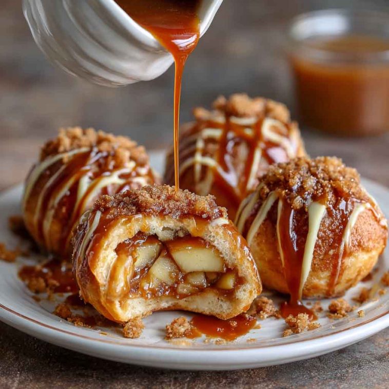 Simple caramel apple pie bombs baked golden brown, filled with gooey caramel, spiced apples, and flaky pastry, served warm with a drizzle of caramel sauce.
