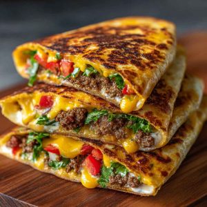 Keto crunchwraps recipe made with low-carb tortillas, seasoned ground beef, cheese, lettuce, tomato, and sour cream, folded and grilled golden brown for a crispy finish.