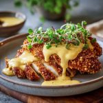 Crispy pretzel chicken served with creamy mustard-cheddar sauce, golden brown breaded chicken cutlets topped with rich cheese sauce, garnished with parsley and served on a rustic plate.