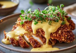 Crispy pretzel chicken served with creamy mustard-cheddar sauce, golden brown breaded chicken cutlets topped with rich cheese sauce, garnished with parsley and served on a rustic plate.