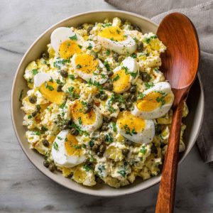 Lemon caper egg salad served in a bowl with chopped hard-boiled eggs, creamy dressing, tangy capers, and fresh herbs, garnished with lemon zest and parsley.