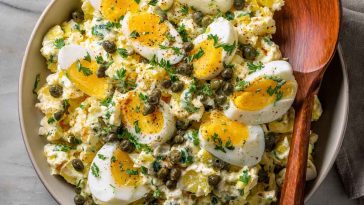 Lemon caper egg salad served in a bowl with chopped hard-boiled eggs, creamy dressing, tangy capers, and fresh herbs, garnished with lemon zest and parsley.
