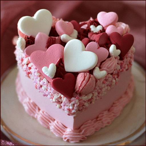 Homemade Valentines Day cakes decorated with pink and red frosting, heart-shaped designs, and festive sprinkles arranged beautifully on a dessert table.