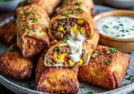 Chili’s Southwest eggrolls served golden brown and crispy, filled with chicken, black beans, corn, spinach, and cheese, with creamy avocado ranch dipping sauce on the side.
