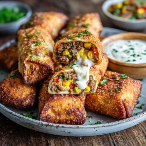 Chili’s Southwest eggrolls served golden brown and crispy, filled with chicken, black beans, corn, spinach, and cheese, with creamy avocado ranch dipping sauce on the side.