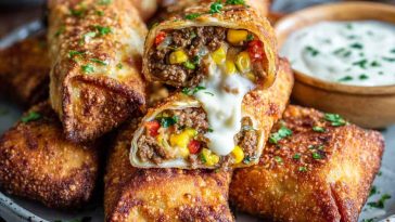 Chili’s Southwest eggrolls served golden brown and crispy, filled with chicken, black beans, corn, spinach, and cheese, with creamy avocado ranch dipping sauce on the side.