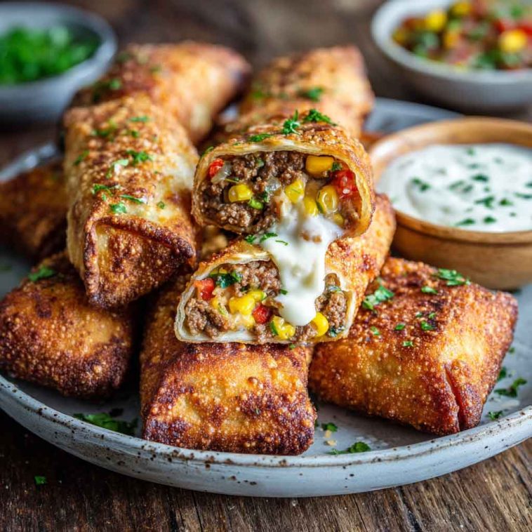Chili’s Southwest eggrolls served golden brown and crispy, filled with chicken, black beans, corn, spinach, and cheese, with creamy avocado ranch dipping sauce on the side.